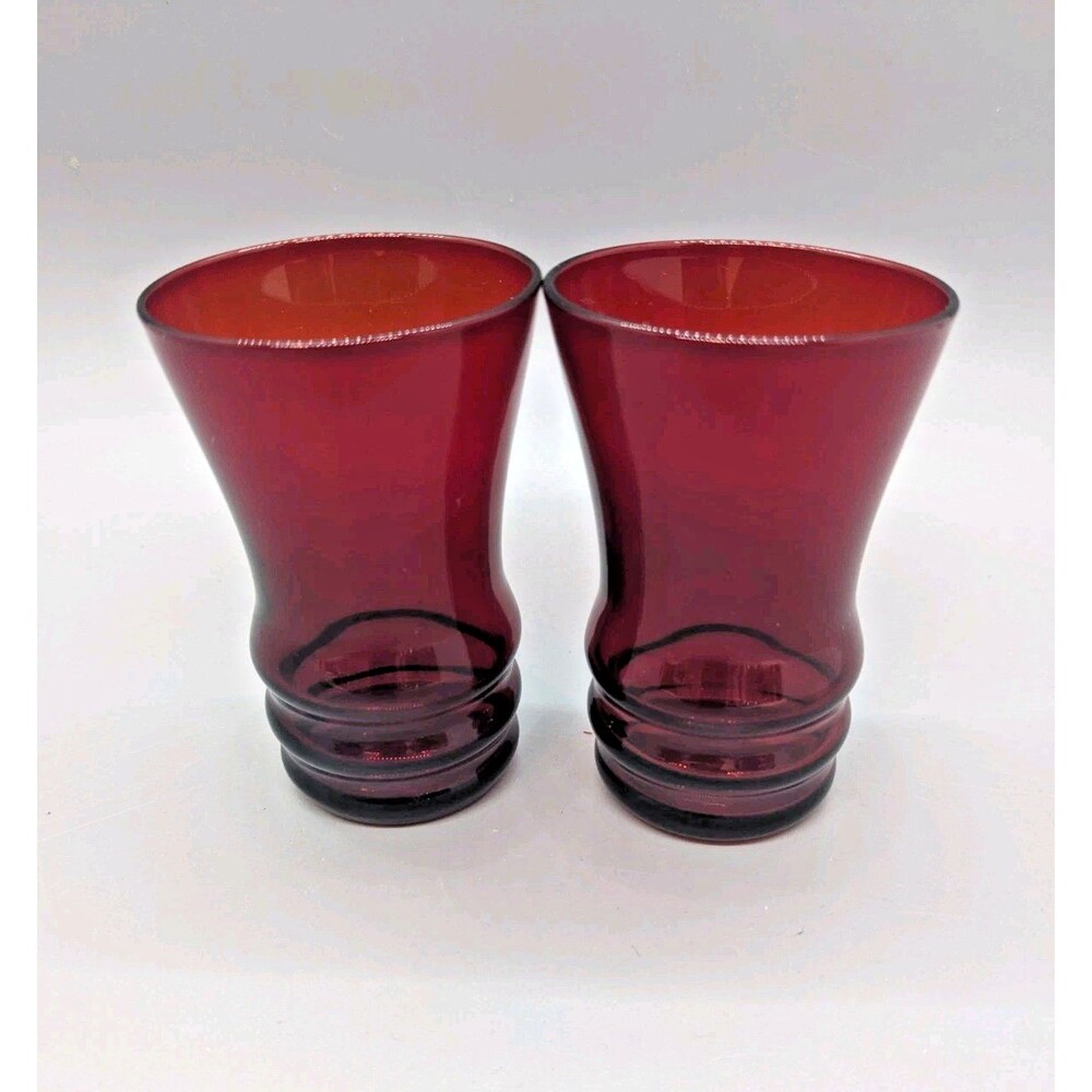 Royal Red Anchor Hocking Lot 2 Ruby Juice Shot Glass Fluted Tumbler Vintage 2 oz